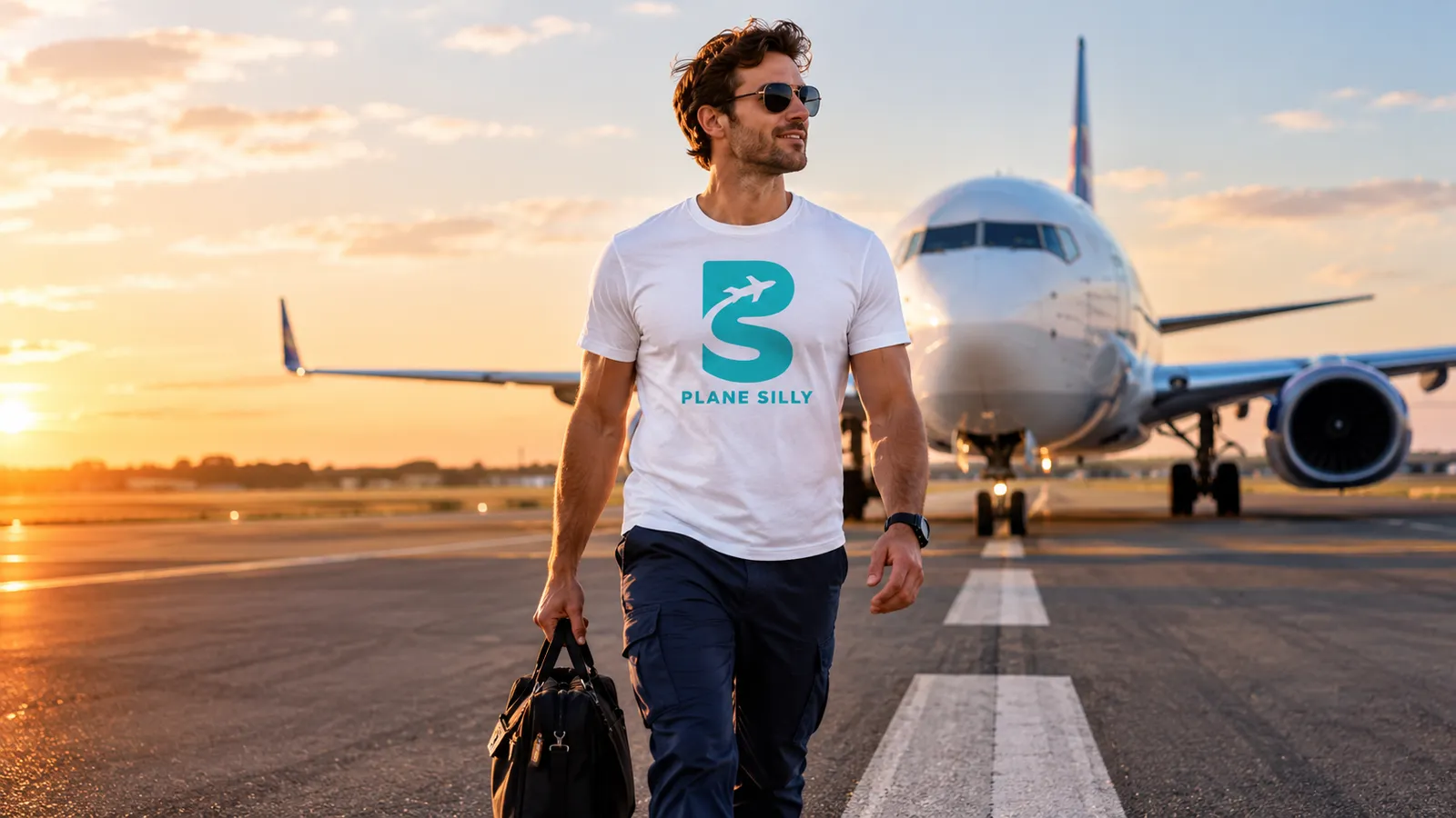 A pilot in a Plane Silly t-shirt walking away from an airliner at sunset